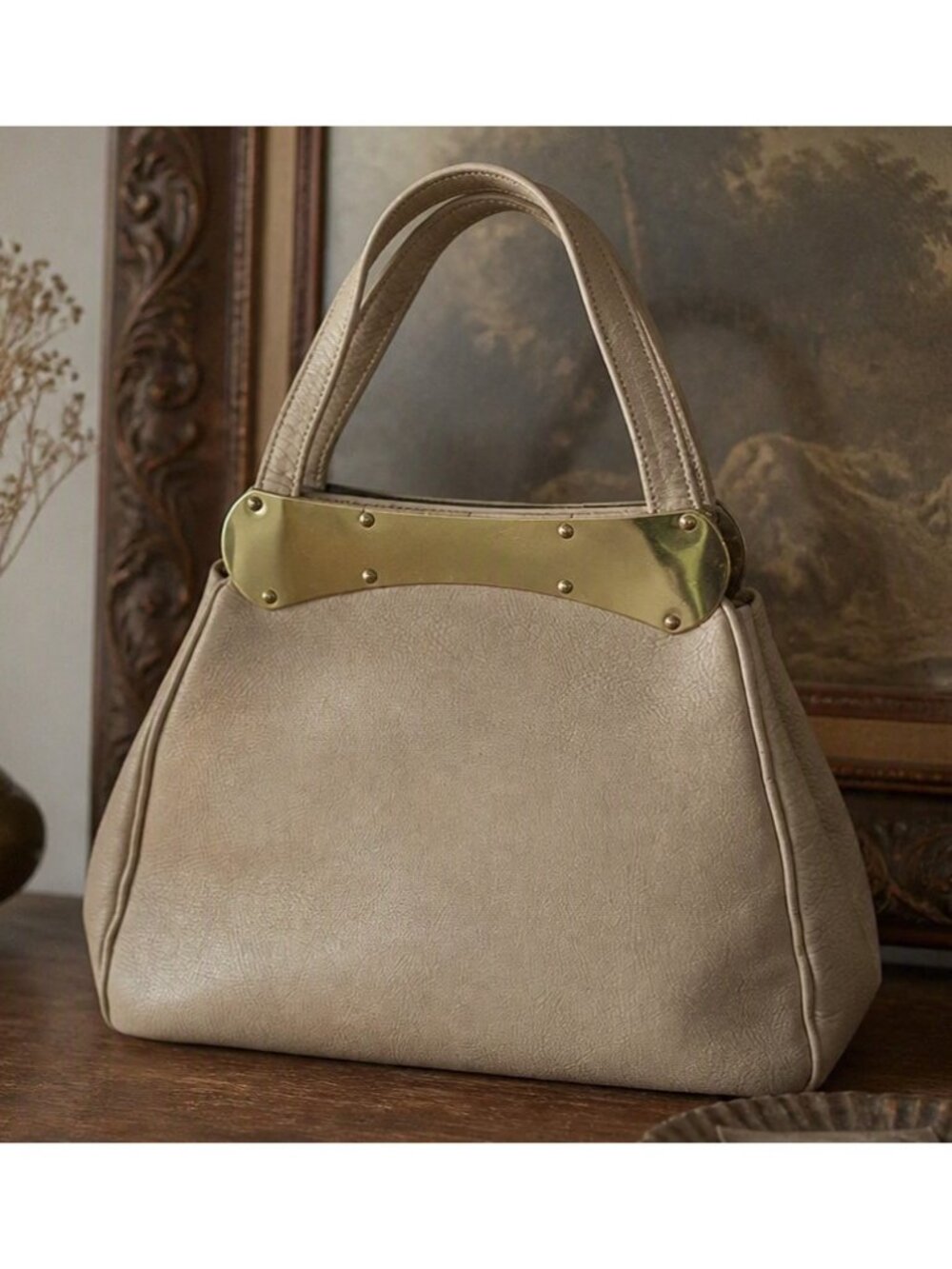 Vtg 50s Calderon Ivory Leather Structured Satchel Handbag Gold‑Tone Hardware
